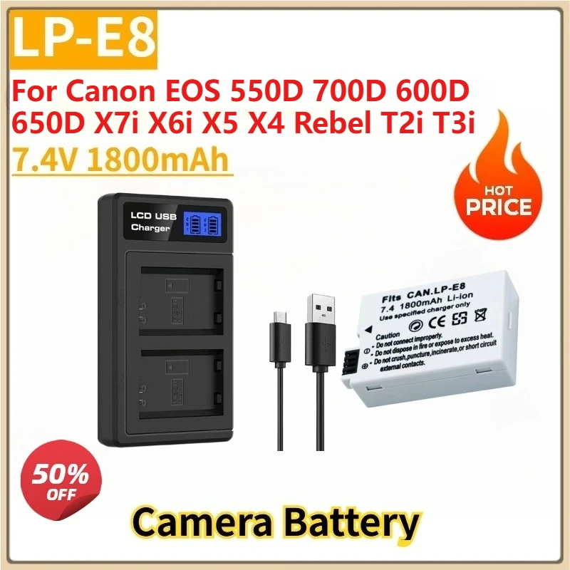

New Replacement Camera Battery LP-E8 7.4V 1800mAh for Canon EOS 550D 700D 600D 650D X7i X6i X5 X4 Rebel T2i T3i