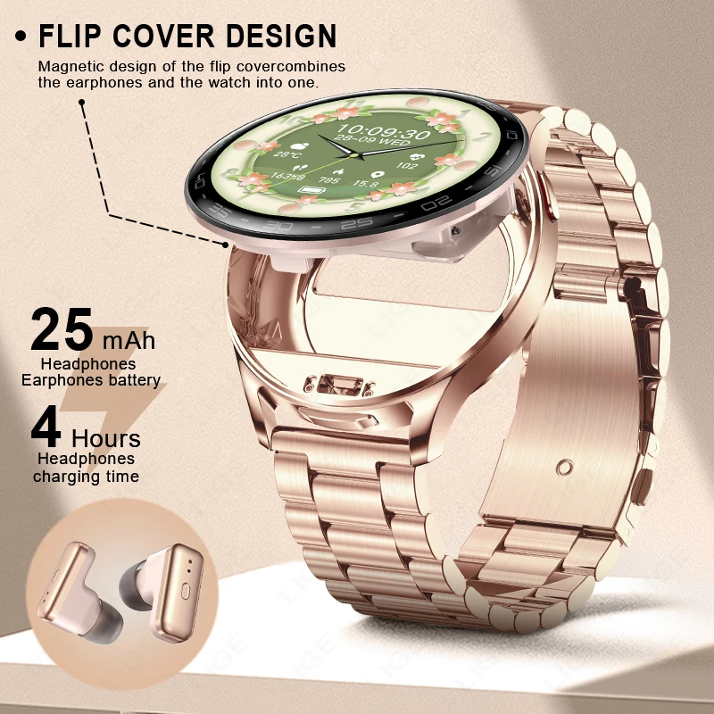 LIGE New TWS Smartwatch Earphone 2 In 1 Men Watches with Earbuds Strong Sound Effects Music Lover Waterproof Ladies Smartwatch