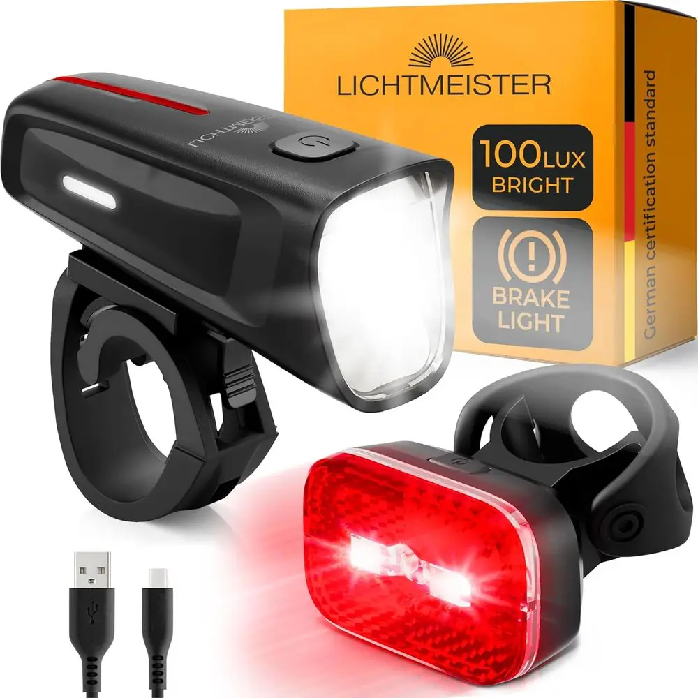 

Rechargeable Bike Lights: 100Lux, 2000mAh Battery, Reflector, Brake Light, USB-C, Splash-Proof for Night Riding