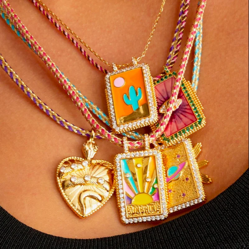 Artistic Retro Style Tarot Large Square Pendant Necklace Sun Moon Eight Awn Star Love Planet Desert Necklace