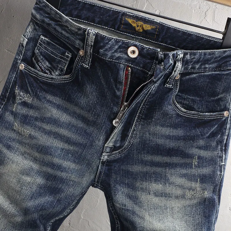 Celana jins sobek untuk pria, celana Denim Retro kualitas tinggi, celana jins Vintage pas badan melar, celana Denim desainer Mode gaya Italia untuk pria