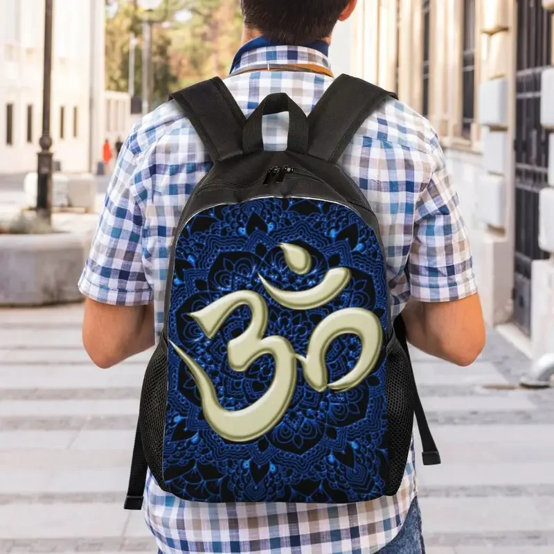 Mochilas OM personalizadas con Mandala azul para hombres y mujeres, bolsa de libros informal para mochilas escolares universitarias