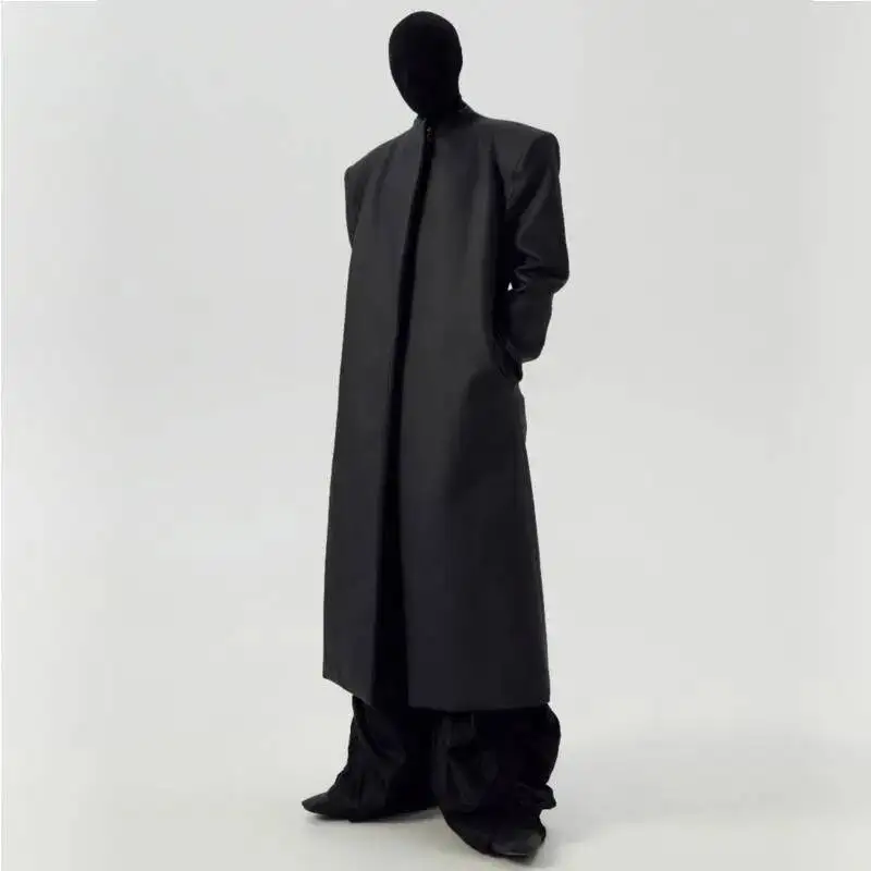 WVGA 秋冬新男性の潮ハイストリートマットコーティングされたデザインダークウェアロングトレンチコートニッチシックカジュアルウインドブレーカー W8645