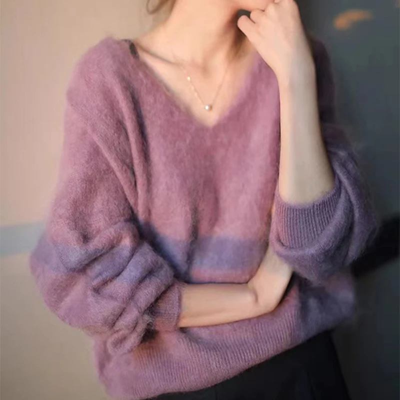 Cashmere Knitted Sweater 2024 Fashionable Loose Thick Plush For Autumn/Winter Lazy Style V-neck Soft Solid Long Sleeves Pullover