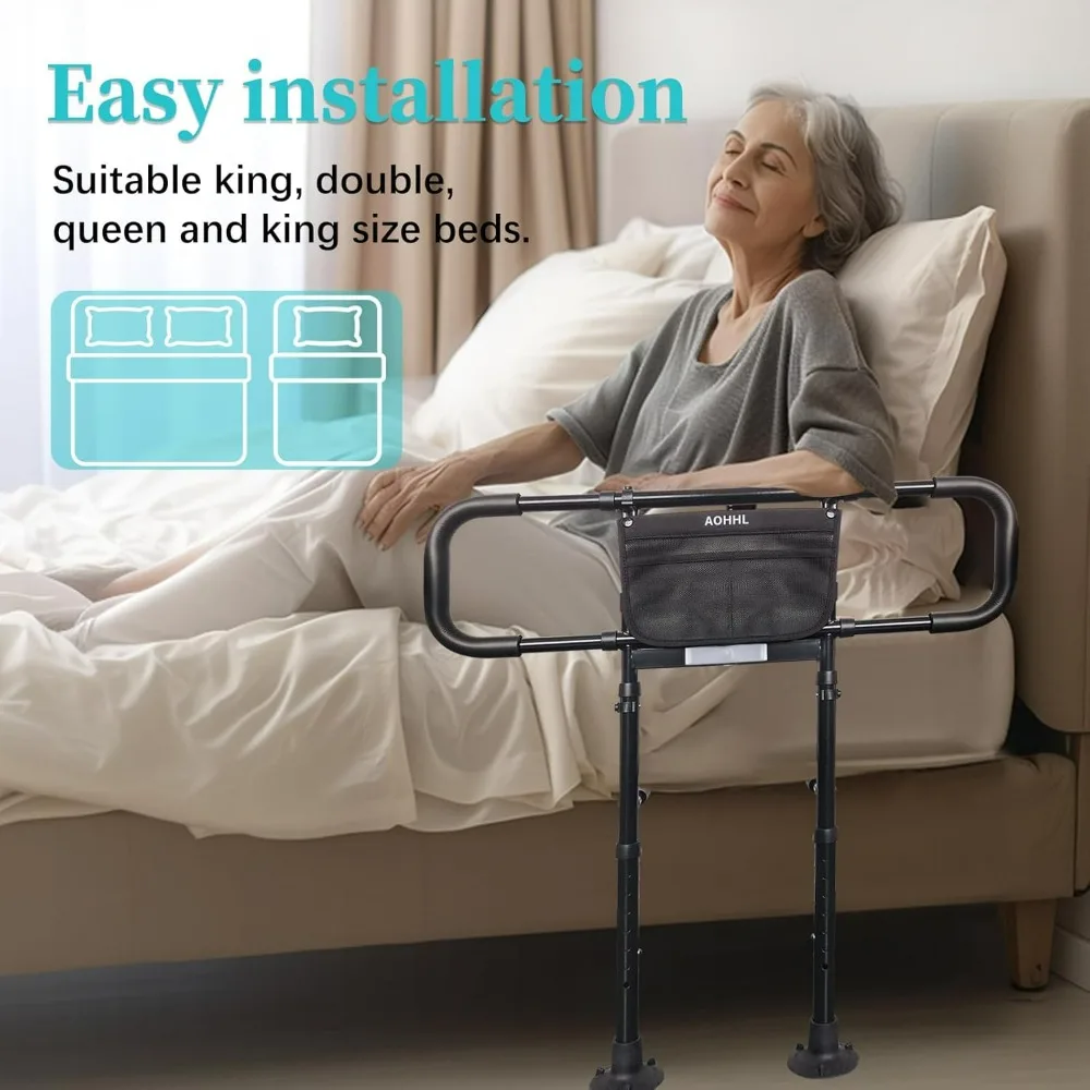 Bed Rails for Elderly Adults Safety with Light Adjustable Heights Storage Pocket Assist Support Side Railings for Seniors