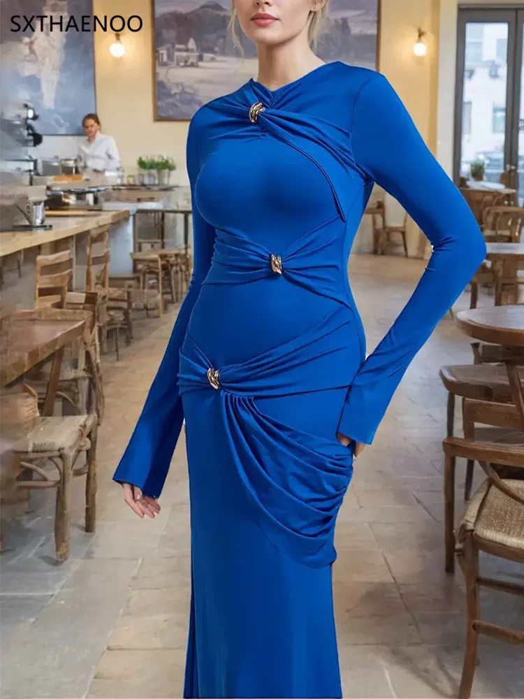 SXTHAENOO Effen Onregelmatige Jurken Voor Vrouwen Ronde Hals Lange Mouw Hoge Taille Afslanken Gesplitste Metalen Gesp Lange Jurk Vrouwelijke