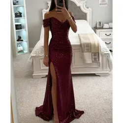 Summer Women's Party Elegant Dress Simple Solid Color Fashionable Sequin Sexy One Line Neck Dress Tunic Split Casual Long Dress