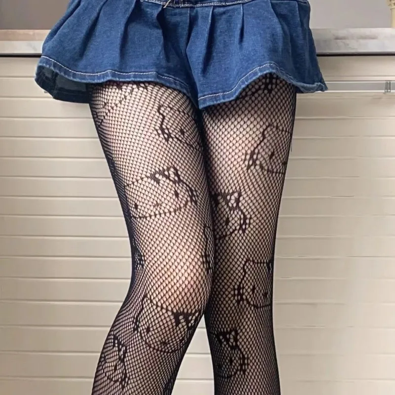 Sanrio Hello Kitty Kawaii Black and White Girls Sexy Stockings Lace Stockings JK Thin Fishnet Stockings Y2K One-piece Pantyhose