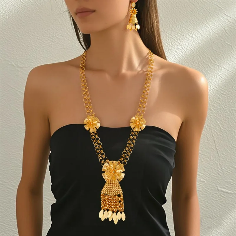 

24kGold Hollow Flower Earrings Necklace Set Dubai European and American Bride Wedding Jewelry