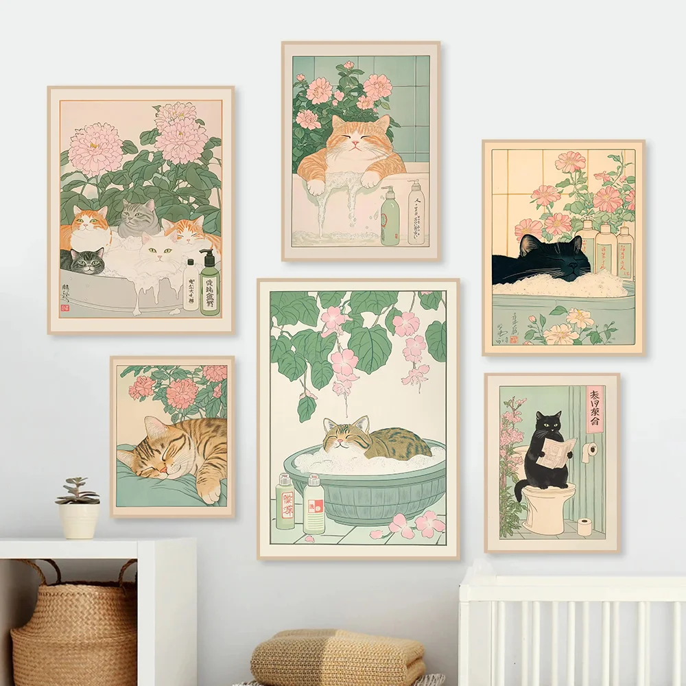 النمط الياباني القط الاستحمام التوضيح قماش الطباعة - القطط لطيف مع الزهور في أحواض الاستحمام - ديكور فني جدار الحمام الجمالي