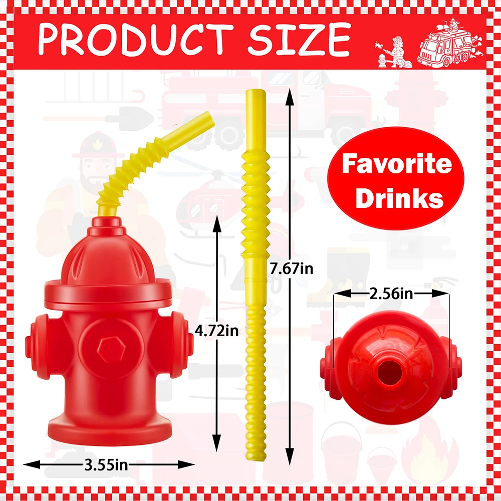 Novelty Fire Hydrant Straw Cups With Lids(4 /6/8/10Pack) 12oz Kids Fireman Birthday Favors Fire Truck Firefighter Party Supplies