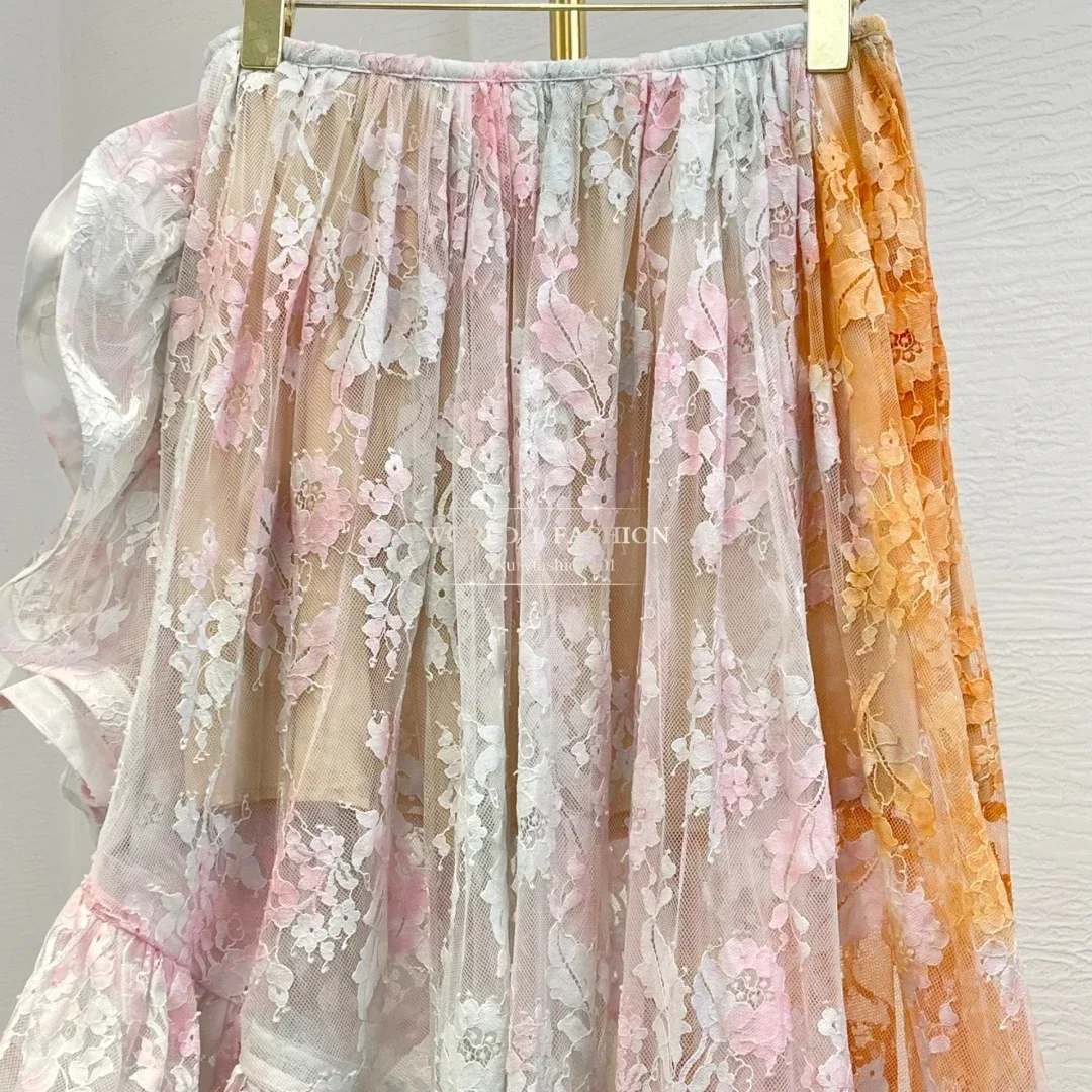 

2025 High Quality Orange Pink Lace Patchwork Ruffles Pleats Irregular Hem Women Skirt