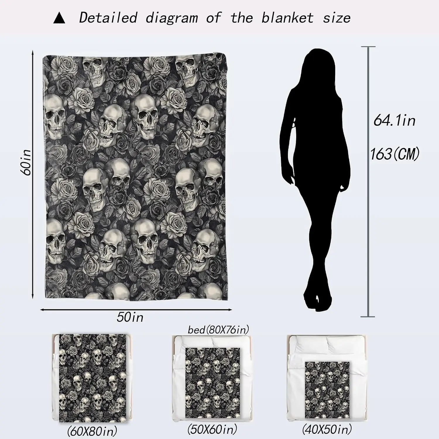 Gothic Skull Flannel Blanket - Rose and Elegant Goth Dark Throw,Gifts for Women Men, Ultra Soft & Warm,Lightweight, for Couch Bedroom Living Room Halloween Festive Decor 50x60in