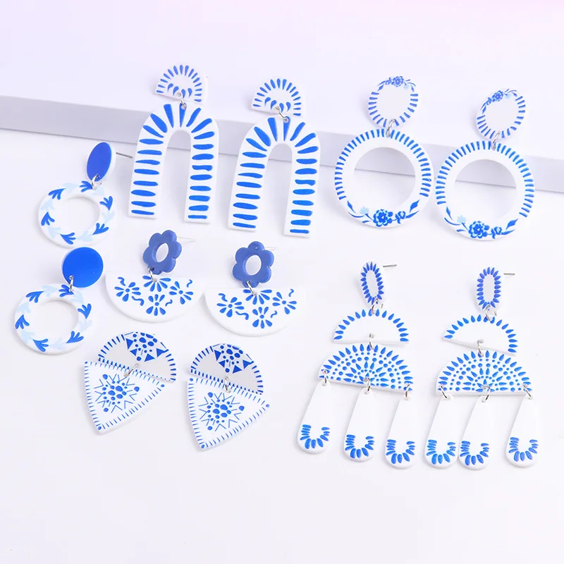 Acrylic Blue White Porcelain-Inspired Earrings Handmade Russian Style Dangle Earrings for Women Lightweight Statement gift