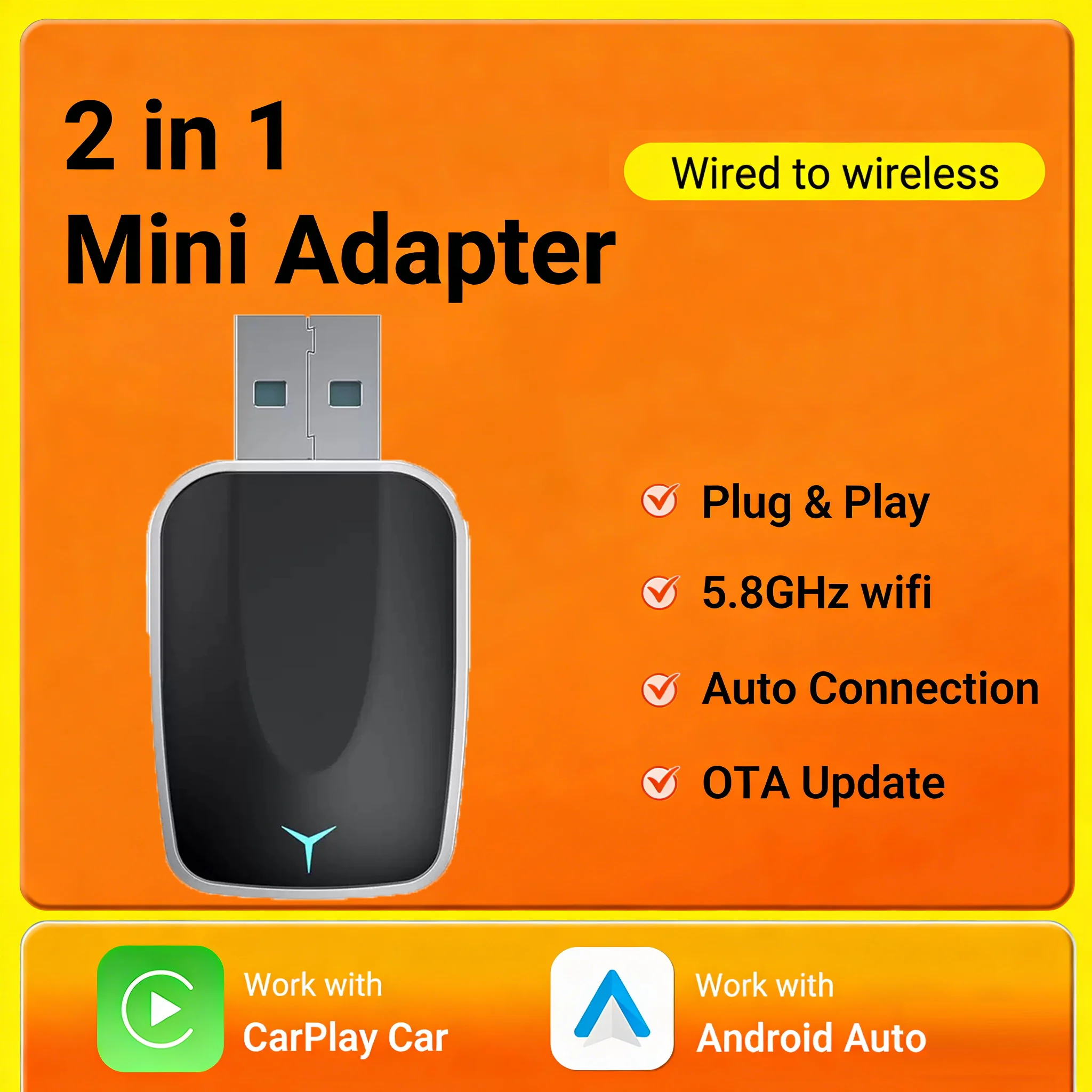 2026 NEW Upgraded Wired To Wireless Carplay Android Auto 2In1 Adapter Car Gadget Smart Box Plug and Play 5Ghz Wifi Fast Connect