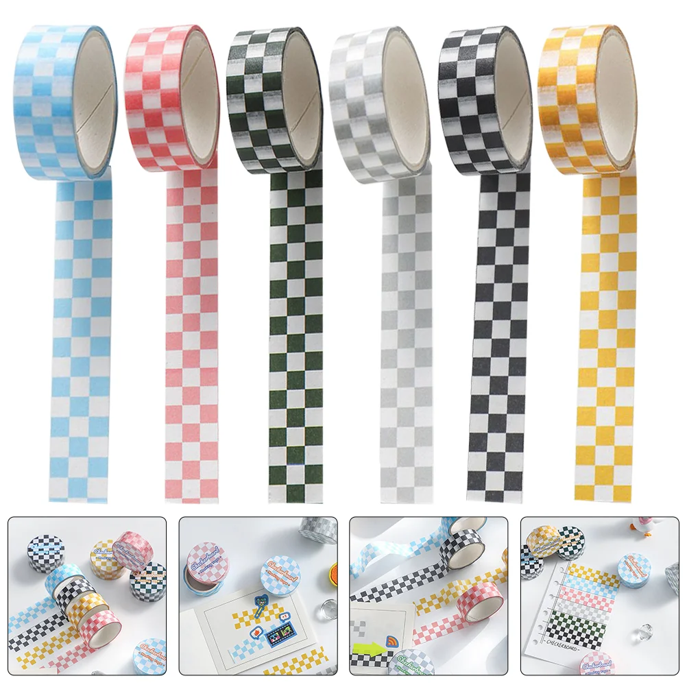6 Rolls Decor Adhesive Tape Grid Washi Scrapbook Notebook Japanese Paper Checkered