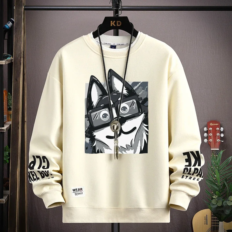 Cachorro dos desenhos animados dos homens moletom estampado, camiseta de manga comprida, gola O cáqui, roupas da moda japonesa, top de Harajuku, outon