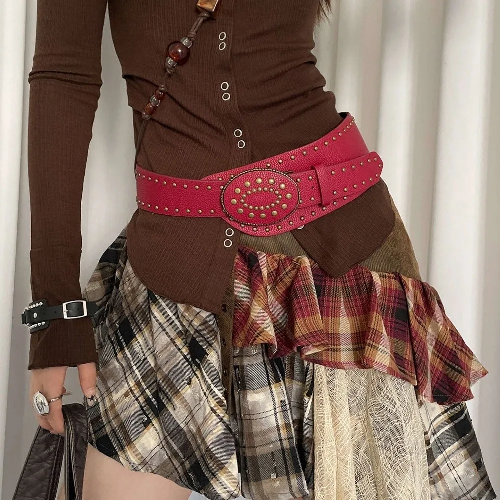 Trendy Vintage Rivet Leather Belt Gothic Y2k Women's Waist Belt Heavy-Duty Punk Dress Jeans Belt Waist Accessories