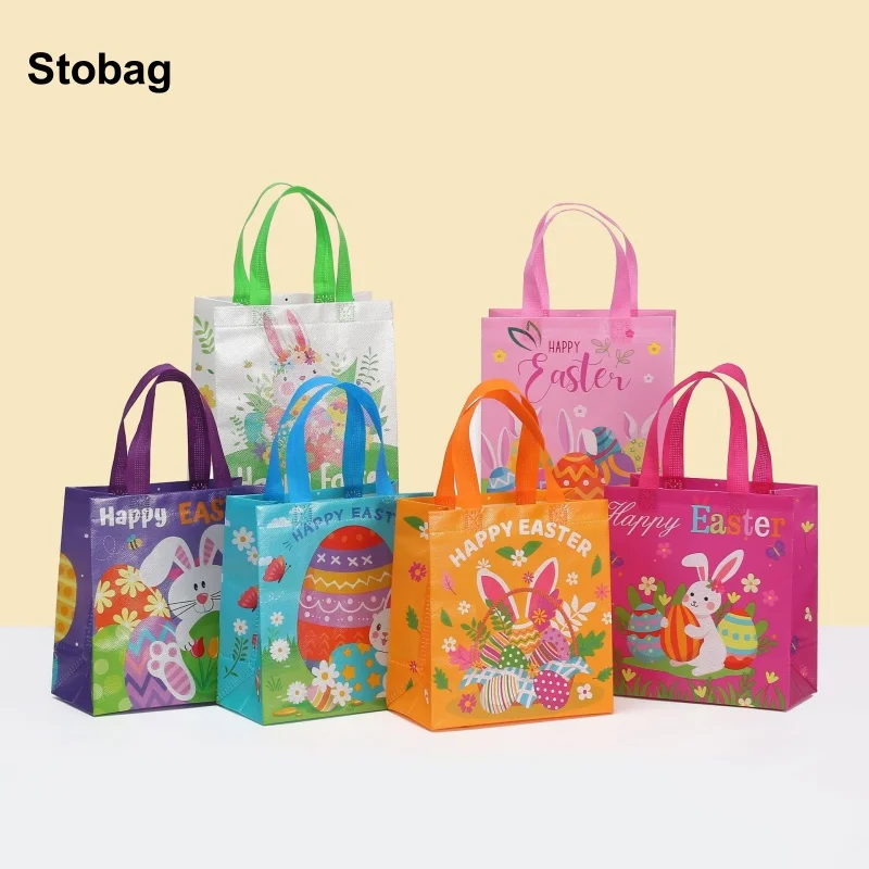 

StoBag 8/20pcs Happy Easter Rabbit Non-woven Tote Bag Gift Handbag Fabric Candy Package Waterproof Storage Reusable Pouch Party