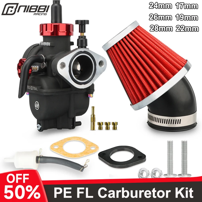 NIBBI Universal Motorcycle Flat Curtain Carburetor PE17mm/PE24mm/PE26mm/PE28mm Flange Carburetor Air Filter for Yamaha  Suzuki