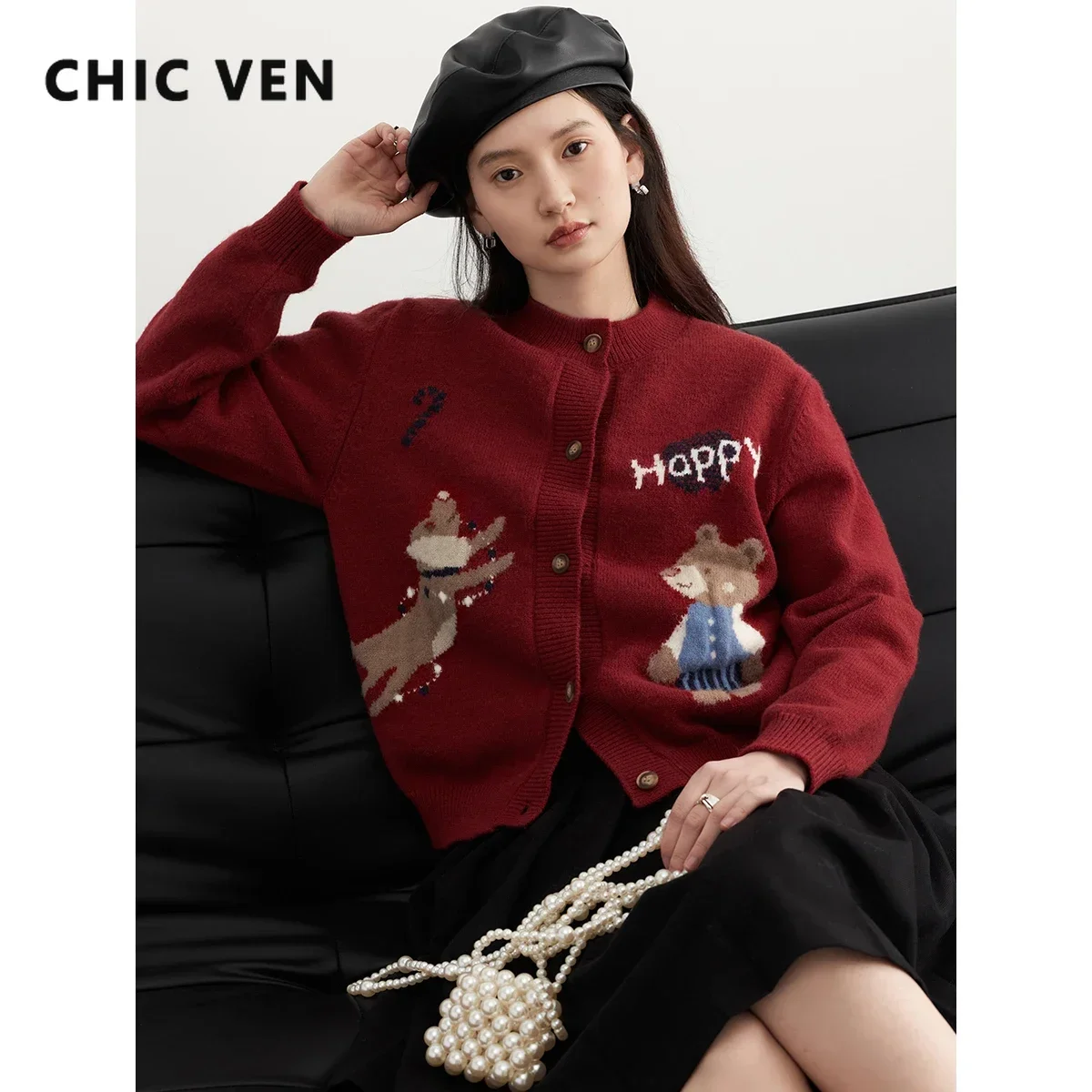 

CHIC VEN Women Cardigan Retro Round Neck Jacquard Bear Sweater Knitted Female Cardigans Woman Top Spring Autumn 2024