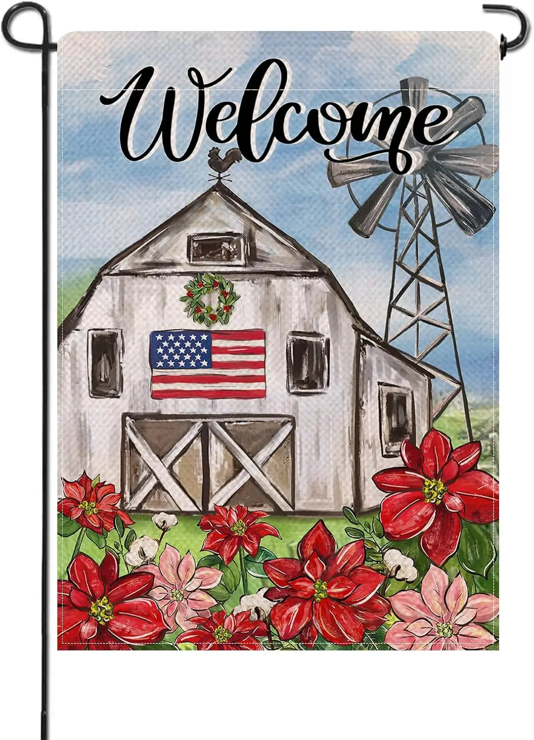 Artofy Welcome Christmas Farm Barn Small Decorative Garden Flag, Xmas Holiday Poinsettia Windmill Country Yard Lawn Outside Deco