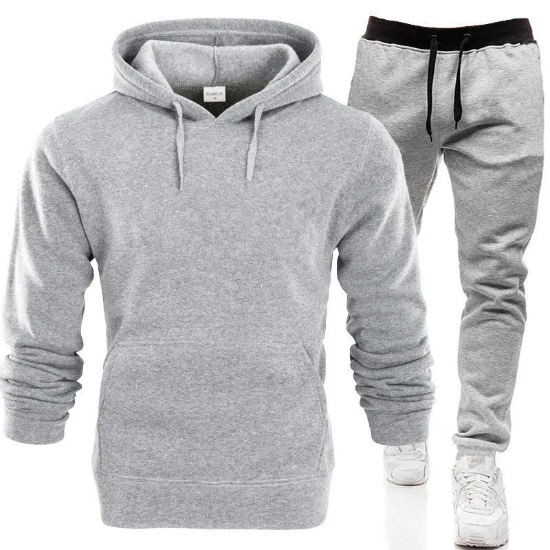 Spring Autumn Men's Sports Suits Plus Size Hoodie Set Solid Color Fashion Hooded Pullover Sweatshirt Pants Two Piece Set