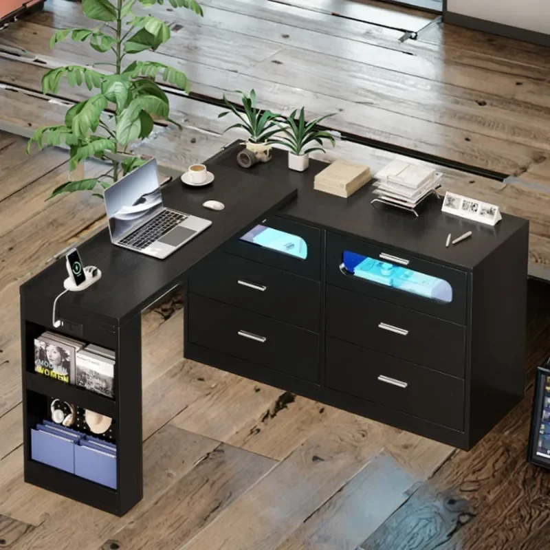 L Shaped Corner Desk with Power Outlet Storage Drawer Simple Home Office Computer Table 360 Degree Rotating Workstation