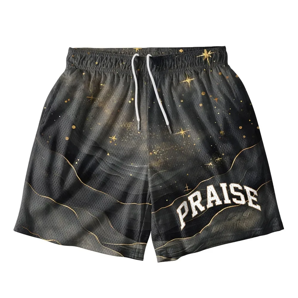 The Light Of Praise Christian Mesh Shorts Black Gold Galaxy Texture Men's Sports Casual Shorts Summer Breathable Quick-drying