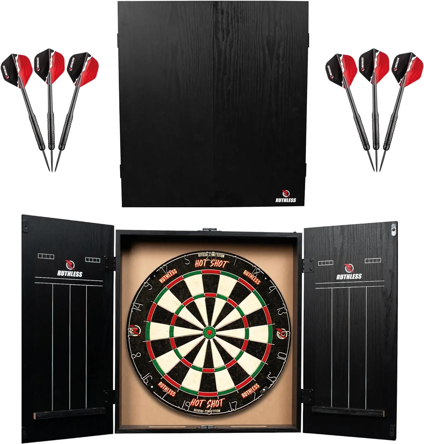 Komplettes Dart board-Set mit Schrank, Brett und 2 Dart-Sets (cab518). (128 Zeichen)