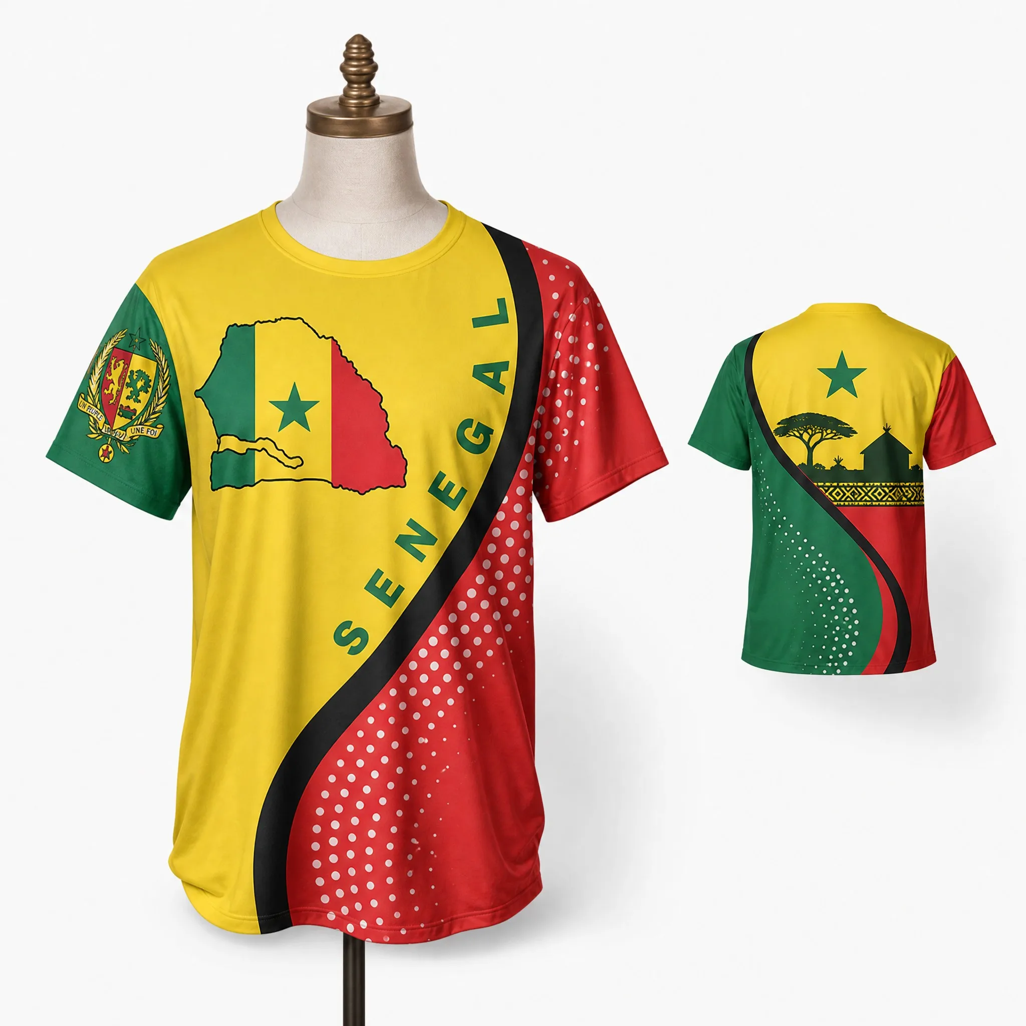 Senegal Mens Map Village Graphic Tee Yellow Colorblock Shirt Short Sleeve Football Fan Top Street Stadium Casual Wear Summer Fit