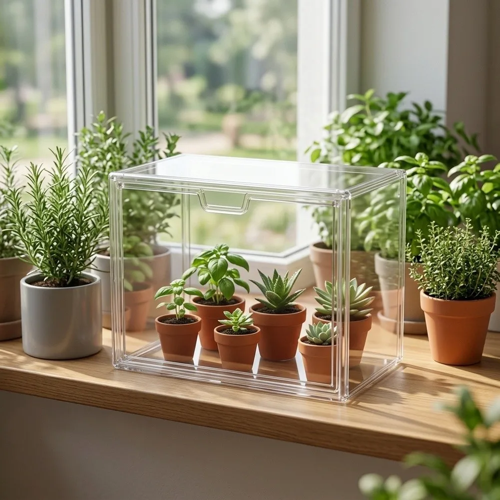 Tabletop For Mini Greenhouse Clear Plastic Construction Magnetic Door for Indoor Plants 36x25x28cm Stackable Unit