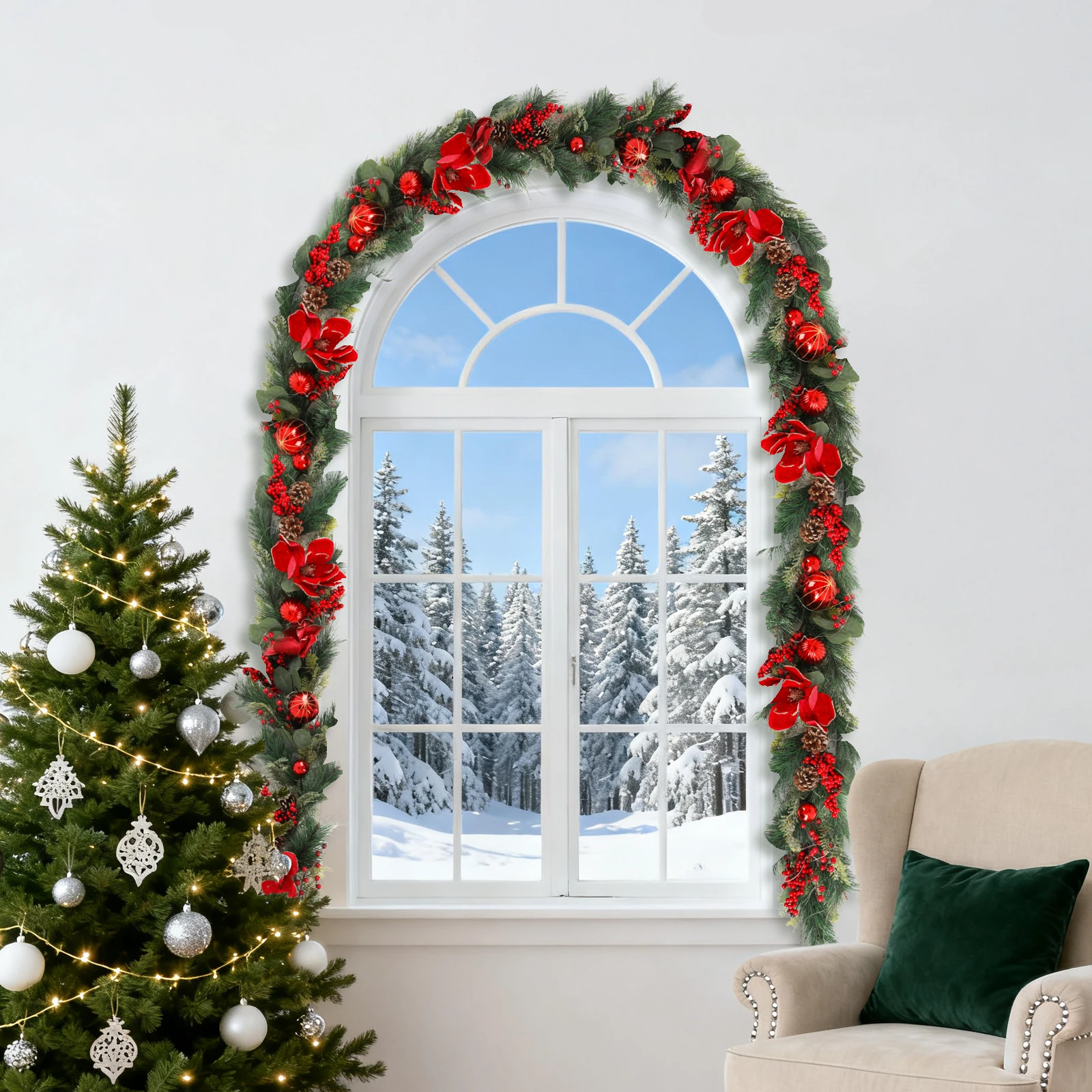 

9ft Pre-Lit Christmas Garland Elegant Mix of Red Berries, Flowers, and Pine Cones on 100 Battery-Operated LED Lights for Holida