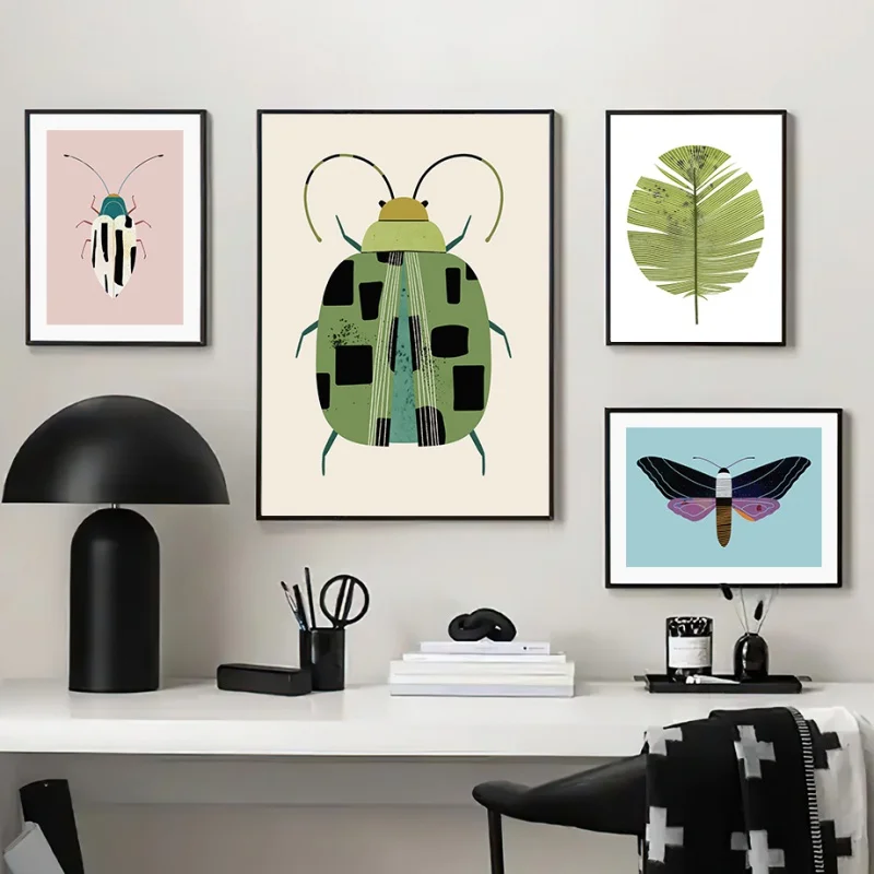 Moth Beetle Feather Canvas Painting Nordic Poster Printing Wall Picture Room Decoration Butterfly Art Ladybug Tiger