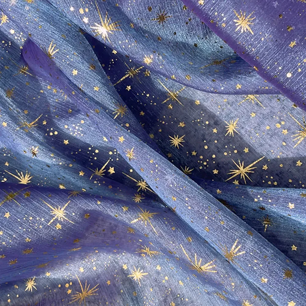 150x50cm Glitter Golden Gilded Wrinkle Sheer Crepe Star Moon Fabric DIY For Dress Wedding Decor Black White Blue Pink Organza
