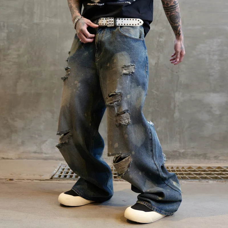 

The new high street tide brand broken hole loose straight men's models loose nostalgia blue washed wide-legged drag jeans