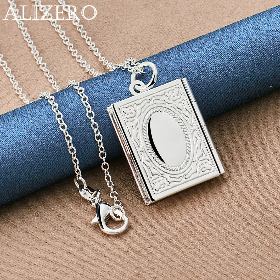 

ALIZERO 925 Sterling Silver Retro Square Photo Frame Pendant Necklaces With 16-30 inch Chain Women Man Fashion Jewelry Gifts