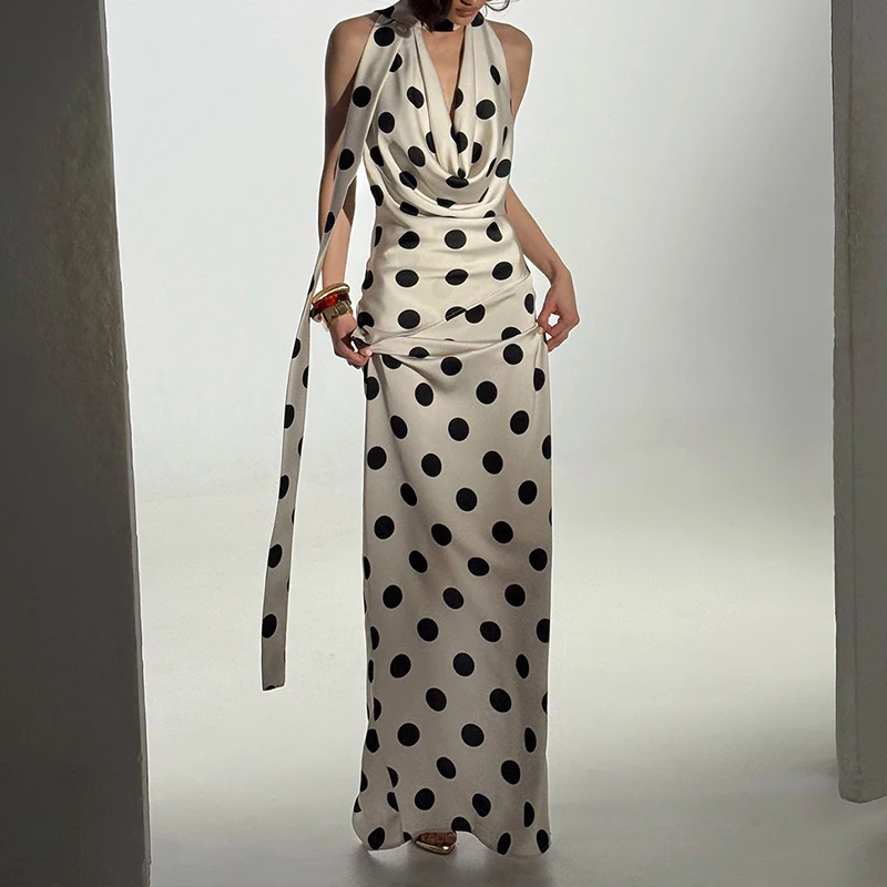 OMSJ Sexy Vintage Polka Dot Woman 2 Piece Outfits Halter Swinging Neck Open Back Tank Tops+Skirts Classic Contrast Color Outfits