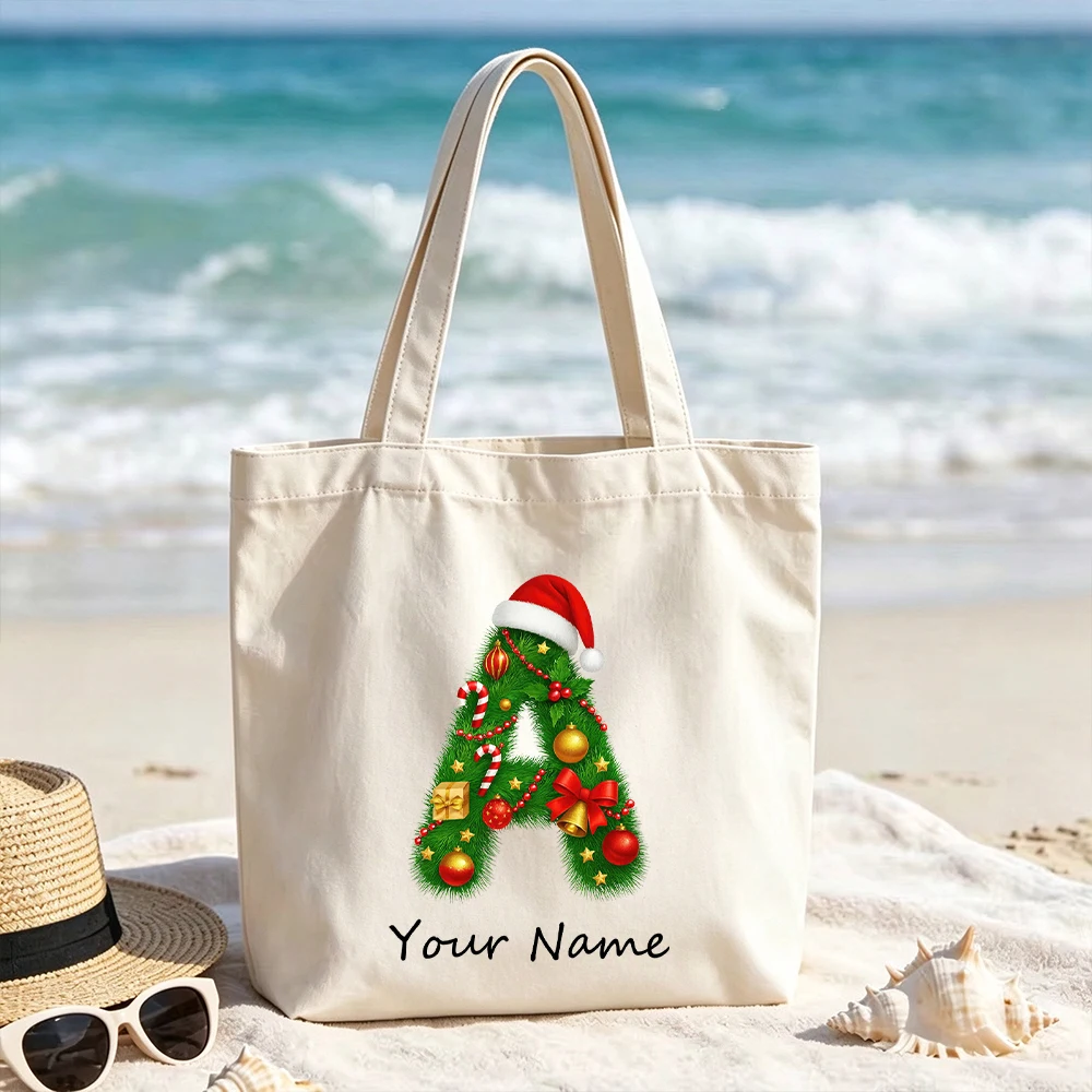 Personalized Christmas Letter Canvas Tote Bag Custom Initial Name Grocery Shopping Bag for Women Reusable Shoulder Bag Xmas Gift
