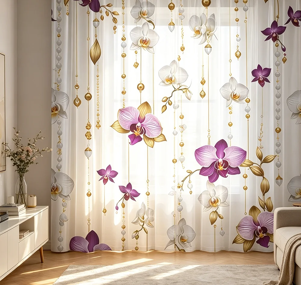 2PCS Digital Printed Sheer Curtain, Chain Orchid Flower Print, Elegant Vintage Floral Chain for Living Room Bedroom Home Decor - view 5