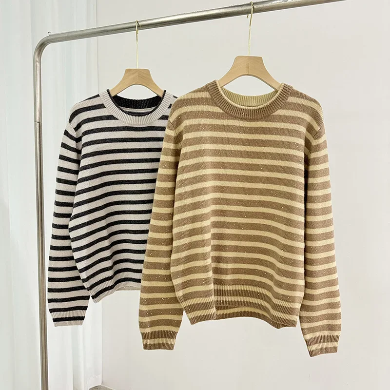 

2024 New Autumn Women Fashionable Striped Round Neck 100% Cashmere Knitted Versatile Sequined Sweater