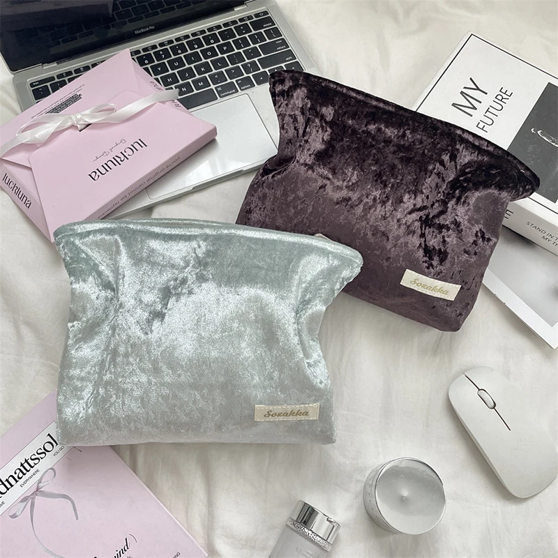 5pcs Cosmetic Bags Velet  Plain Large Capacity Long Travel Light Protable Makeup Bag