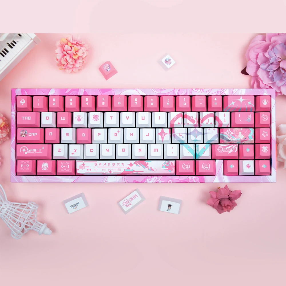 Anime Pink White PBT Dye Sub Keycaps Wuthering Waves Aalto Cherry Profile Five Side Sub Keycap Set For Mechanical Game Keyboard