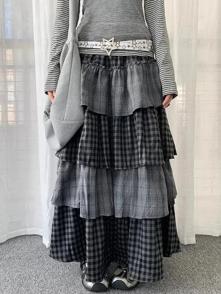 Y2K Subkultur Maxirock für Damen, Patchwork-Lagenrock, Harajuku Alt Subkultur Ästhetik Langer Rock, Streetwear Sommer 2026