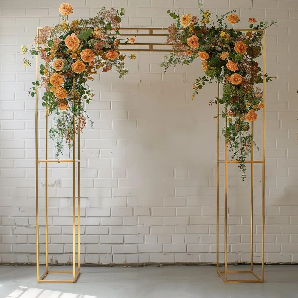 Efavormart Heavy Duty Gold Metal Rectangular Wedding Arch in Arc de Triomphe Style, 3D Floral Balloon Frame Backdrop Stand - 7.5