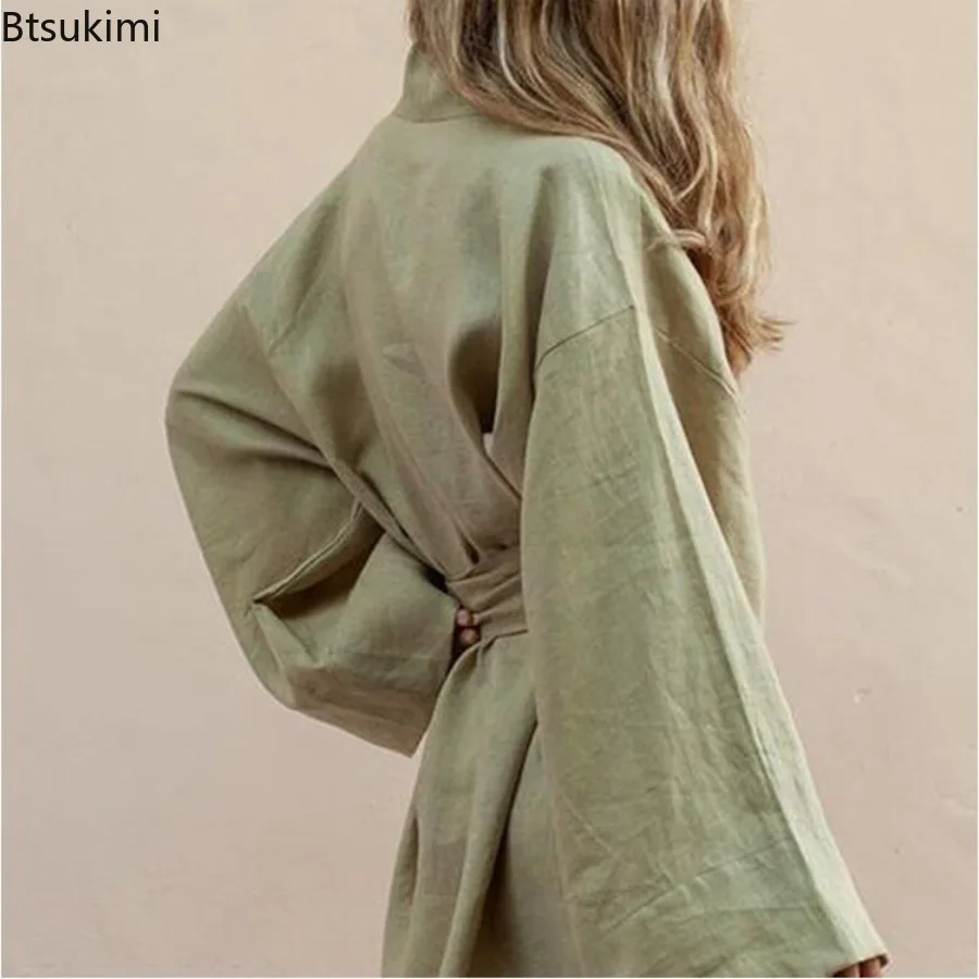 Robe unie en coton et lin pour femmes, manches longues, ceinture, jupe respirante, décontractée, Style Simple, Kimono, ample, mi-longue, chemise