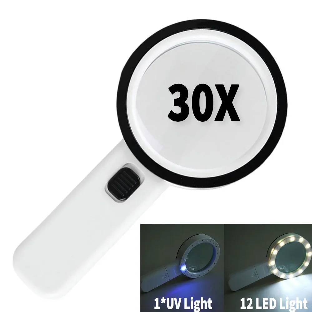 【セール中】UVライト付きハンドヘルド拡大鏡、ジュエリーを読むためのポータブル拡大鏡、時計の修理、12個のLED照明付き拡大鏡、30倍