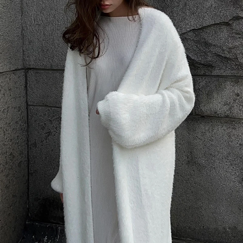 

OMSJ Women's 2025 Autumn Winter Extended Faux Mink Fur Cardigan Lazy Style Loose Open Stitch Solid Casual Sweater Long Outerwear