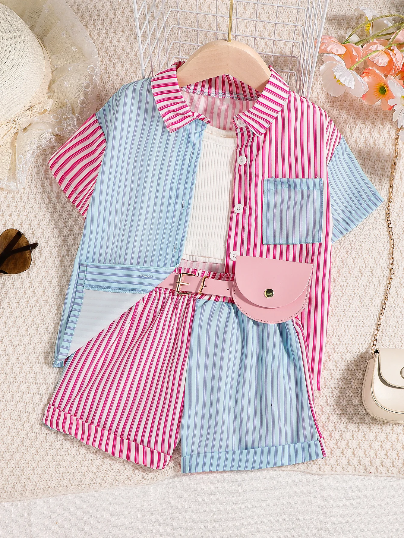 3 pcs Girls Summer Qutfit Set - Button Down Short Sleeve JacketCropped Camisolea  Shorts Whit Belt And A Bag  Daily Casual