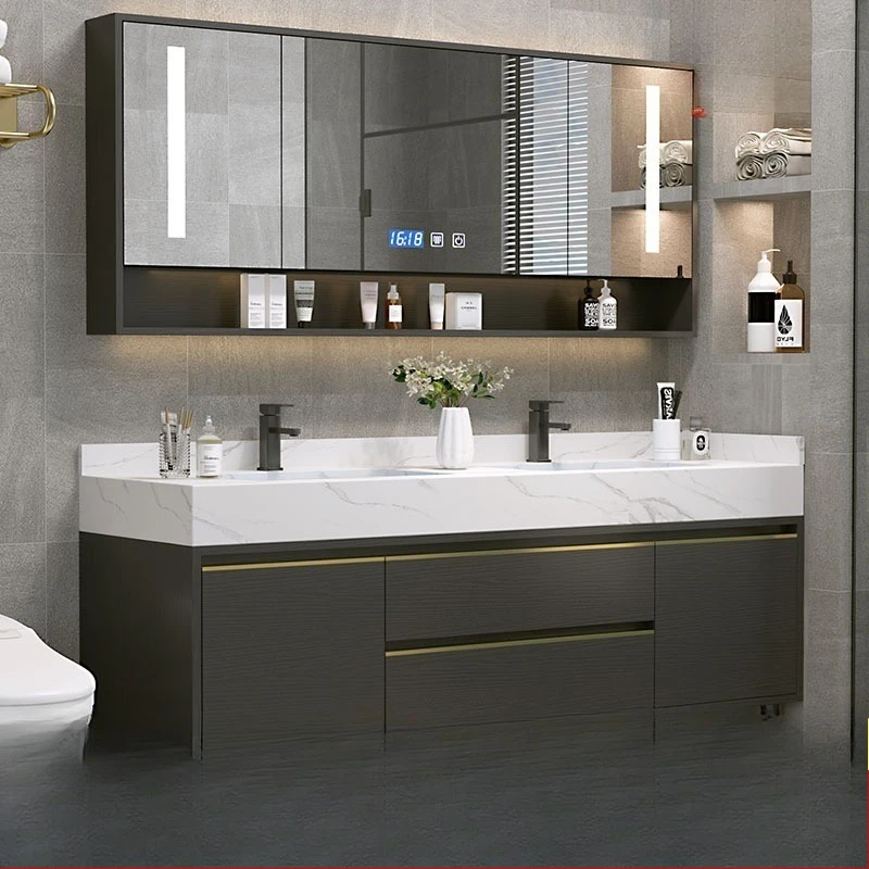 

High-end slate double basin bathroom cabinet combination modern simple bathroom floor-to-ceiling bathroom washbasin hand